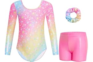 Gogokids, Completo da ginnastica bambina composto da tre pezzi, body senza maniche, pantaloncini e fascia per capelli, tuta danza classica scintillante, con design a colori sfumati, dai 3 ai 12 anni