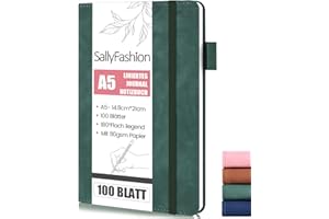 SALLYFASHION Notatnik A5 w linie, 200 stron, twarda okładka, pamiętnik, notatnik premium, 80 g/m², kwadratowy z gumową taśmą, do planowania, nauki, podróży, szkicowania projektów (zielony)