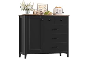 HOCSOK Kitchen Cupboard, Black Sideboard with Adjustable Shelf, Farmhouse Kitchen Cabinets with 5 Drawers 1 Door for Living Room Dining Room Furniture, 100 x 40 x 94 cm