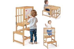 COSYLAND 3-In-1 Toddler Kitchen Stool Helper – Convertible Standing Tower With Whiteboard for Kids – Children's Bathroom Kitchen Counter Helper – Mothers' Helper Tower Learning Stool (Natural)