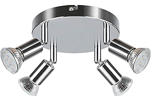 Creyer LED Ceiling Light Rotatable, 4 Way Round Plate LED Ceiling Spot Lights, ø180mm (Including 4x4W GU10 LED Light Bulbs, 400LM, Warm White) LED Ceiling Lamp for Kitchen, Living Room - White Chrome