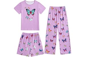 Fanient Zestawy piżam dla dziewczynek kolorowe piżamy z nadrukiem bielizna nocna z krótkim rękawem bielizna nocna dla dziewcząt piżamy 3-częściowe zestawy 7-14 lat