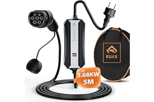 ‎KUAX Typ 2 Ladekabel Schuko für Zuhause - KUAX Einphasig Elektrofahrzeug Ladekabel | 5 Meter | 3.68kW | 6A-16A Stromadapter | IP65 | IEC-62192-2 (Schwarz)