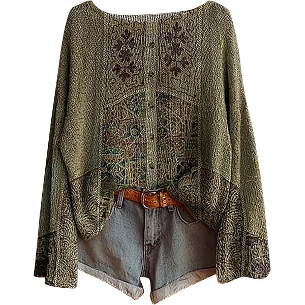 Pull Femme Hiver Vintage Imprimé Floral - Col Rond, Manches Longues - Style Bohème Oversize - Sweat-shirt Chaud Automne/hiver