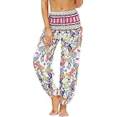 SIOPEW Damen Hippie Haremshose Pumphose Atmungsaktiv Retro Blumenmuster Sommerhose Yogahose Aladinhose Hosen Lang Baggy Bedru