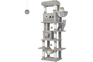 Hzuaneri Cat Tree for Indoor Cats, 170 cm Large Tall Cat Tower, Multi-Level Cats House with Condo, 8 Scratching Posts, Hammock, 4 Pom Poms, Light Grey MS17018LG