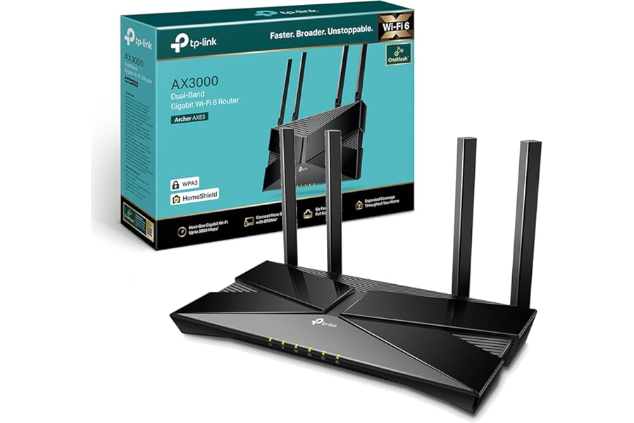 TP-Link Archer AX53 AX3000Mbps Dual-Band WiFi 6 Router, Fast Full Gigabit Ports, Ultra-Low Latency, EasyMesh Compatible, WPA3, Optimal for Gaming, Works with Alexa, Client & Server VPN