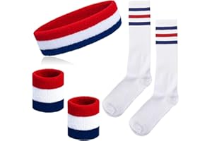 NANXJIUR 5 Pieces Sweatband Striped Sock Set Sports Headband Wristbands High Tube Socks 80s Accessories for Men Women 80s Costumes Theme Party Striped Sock Set