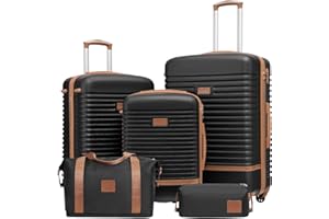 COOLIFE valigia trolley valigia da viaggio in ABS rigido trolley 4 ruote lucchetto TSA La valigia contiene 1 borsa da viaggio e 1 beauty case (Nero/Marrone, Set di 5 valigie)