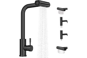 Noxtioanip Robinet de Cuisine Cascade, Robinet Cuisine Rotatif à 360° avec Douchette Extensible, Mitigeur Cuisine en Acier Inoxydable 4 Modes de Pulvérisation, Levier Unique, Finition Noir Mat