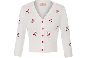 Belle Poque Women's Vintage 50s Cherries Embroidery Cardigan Sweater V-Neck 3/4 Sleeve Cropped Sweater Coat GF609