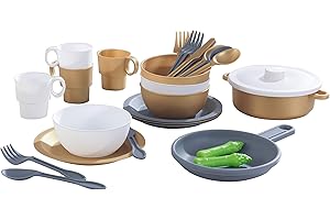 KidKraft 63532 Ensemble batterie de cuisine 27 pièces pour enfant, Ustensiles et Accessoires Style Moderne façon inox, Argent