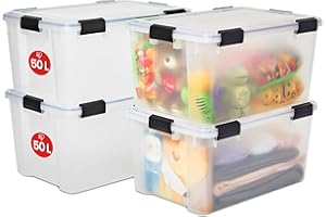 Iris Ohyama, Boite Rangement Hermétique, 50L, Lot de 4, Transparent, Couvercle avec Joint Etanche, 6 Clips de Fermeture, Empilable, pour Exterieur, Garage, Vetement, Anti Poussiere, Sans BPA, AT-L