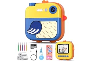 Appareil Photo Enfant Instantanée, Kaishengyuan 2,4" 1080P Enfant Caméra Vidéo avec 32GB SD Carte & Papier d'impression, Stylos Colorés, Cadeau pour Filles Garçons de 3-12 Ans (Jaune)