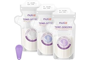 Nuliie 150 Stück Muttermilch-Aufbewahrungsbeutel, Temperaturfühlende Verfärbung mit extra Auslaufsicherem Zusatz-Clip, 180ml mit Ausguss, Selbststehend, BPA-frei, Vorsterilisiert und Gefriersicher