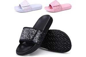 ydscsci Girls Slide Sandals Glitter Sequins Pool Sliders Kids Shower Slippers Beach Flip Flops Hook and Loop Non-slip Thick sole Little Kid