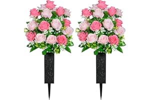 SIFOEL 2 Piezas de Flores Artificiales Cementerio con florero, Rosa Artificial Tumba Flores conmemorativas para la decoración de la lápida del Cementerio (Pink)