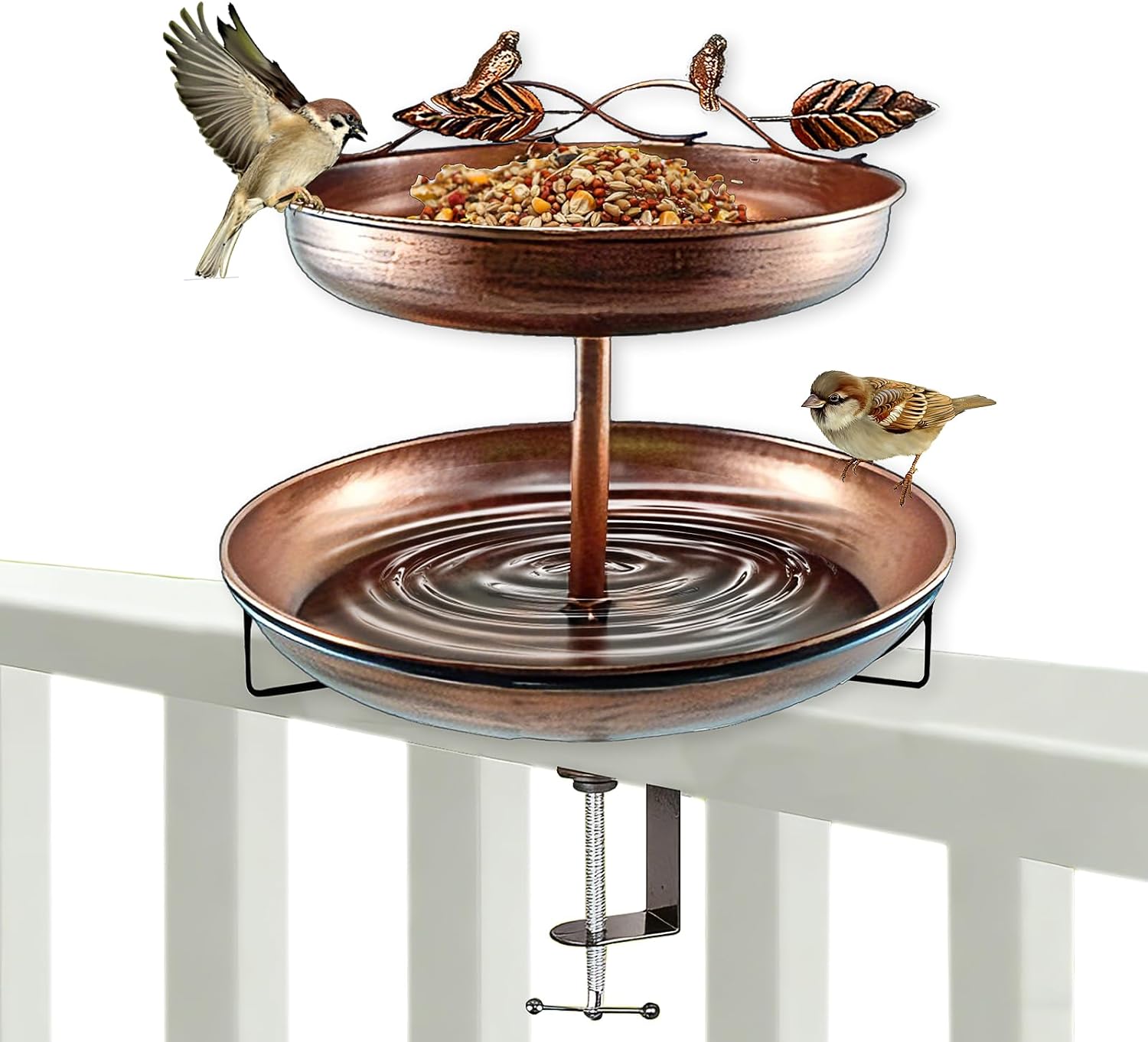 SKIKHN Comedero Pajaros Exterior Colgante, Baño para Pájaros para Jardín, Ajustable Bebedero para Pájaros y Comedero 2 en 1 con Soporte de Sujeción, para Jardín, Balcón, Terraza y Cubierta