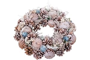 LOLAhome Corona de Navidad Decorativa para Puerta o Pared. Adornada con Piñas en una Original combinación de Colores Blanco y Azul. Una Bienvenida Festiva para tu hogar. Mide 36x36x9 cm.