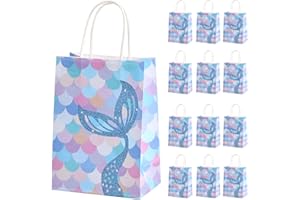 Nivofu 12 Stück Geschenktüten Bunt, Meerjungfrau Party Taschen, Papiertüten aus Kraftpapier mit Henkel, Gastgeschenke Tüten, Mitgebseltüten, Geschenktüten für Geburtstag - 15 * 8 * 21 cm