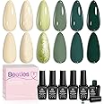 Beetles Green Gel Nail Polish Kit, 6 Colors Glitter Pearl Green Shimmer Nude Cream Gel Nail Polish Spring Summer Soak off Uv LED Nail Lamp Nail Kit DIY Home Manicure