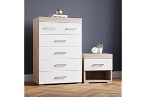 DRP Trading White & Sonoma Oak 2 Piece Bedroom Furniture Set, 4+2 Drawers Chest, 1 Drawer Bedside Table, Ample Storage, Elegant Décor, Ideal for Bedroom Organisation, Quality Bedroom Set…