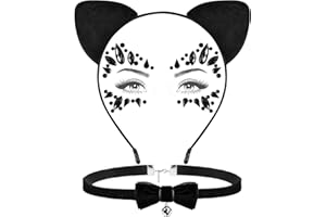 WEINIBAO Diadema Halloween Mujer, Diadema Orejas de Gato Niña con Collar de Campanas Pegatinas Joyas Cara, Negro Halloween Diadema con Orejas de Gato para Fiestas De Disfraces, Halloween, Carnaval, Cosplay