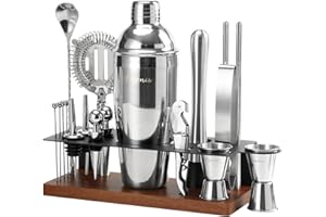 ASOVNIS Kit shaker à cocktails avec support | Ensemble de 23 pièces pour barman avec tous les accessoires essentiels : shaker à martini, doseur, pour la maison, le bar et les fêtes (brown-F)