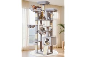 Taoqimiao Cat Tree, 193 CM Cat Tower for Indoor Cats Large Cats, Multi-level Cat Climbing Tower, 7 Sisal Scratching Posts, 2 Cozy Condos, Metal Hammock, Hanging Basket, 3 Top Perches, MS047 Light Grey