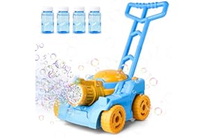 Fegalop Automatic Bubble Machine for Toddlers, Bubble Lawn Mower for Kids with 4 x Bottles of Solution for Girls Boys Adults Summer Indoor Outdoor Toys (Blue-Yellow)