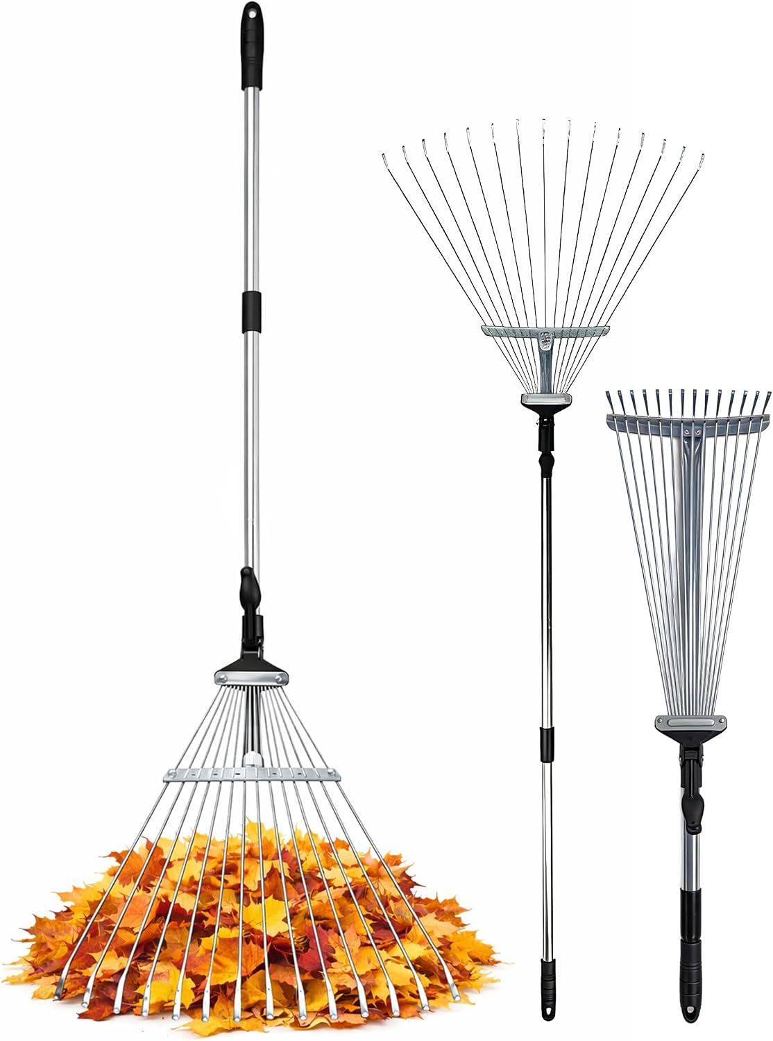 Keplin Garden Rake with Telescopic Handle – 80 to160cm Adjustable Rake, 15 Tine Expanding Metal Rake for Leaves, Lawn, Yard & Soil Cleanup, Foldable Space-Saving Design, Versatile Garden Tool