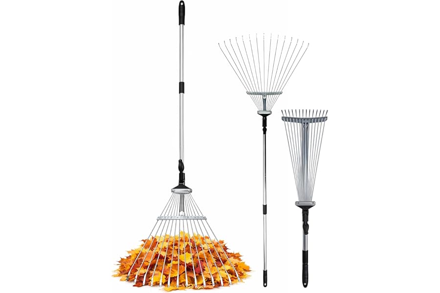 Keplin Garden Rake with Telescopic Handle – 80 to160cm Adjustable Rake, 15 Tine Expanding Metal Rake for Leaves, Lawn, Yard & Soil Cleanup, Foldable Space-Saving Design, Versatile Garden Tool