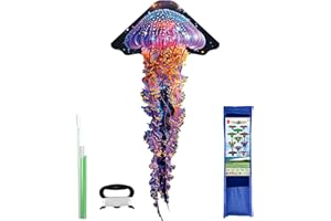 VSPEK Large Jellyfish-shape Kite, 110x55Inch Single Line Colorful Kite with Tail Beginner Beach with Winding Handle and Line Beach and Outdoor for Audlts Park Games Activities Birthday Gift