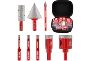 FOCSTOL Diamond Core Drill Bit Set - 8pcs (6/8/10/20/35mm+20mm Finger Milling Bit+35mm Beveling Chamfer Bit+6mm Carbide Drill Bit) Diamond Hole Saw Kit for Porcelain Ceramic Tile Marble Granite