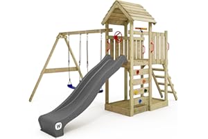 WICKEY Aire de Jeux MultiFlyer portique avec Toit en Bois & balançoire et Toboggan Anthracite, Tour d'escalade pour Enfants avec bac à Sable, échelle et Accessoires de Jeu pour Le Jardin.