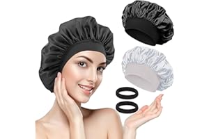 VONSERA 2PCS Bonnet Satin Cheveux Nuit, Bonnet de Nuit en Soie Doux et Réglable, Charlotte Cheveux Satin Anti-Dérapante, Pour Femme et Homme, 2 Pièces (Noir, Argent) + 2 Elastique Cheveux