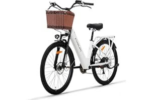 cysum X-City Vélo électrique Femme, 26 Pouces Step-Thru vélo électrique, Batterie Amovible 48v 10.4AH, Urbain E-Bike pour Adultes, Assistance au pédalage, 7 Vitesses (Blanc avec Panier Marron)
