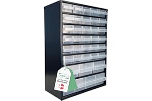 Raaco Storage Cabinet C9-34 with 34 Drawers | Metal Tool Organiser | 26 kg Capacity | 15 × 30.6 × 42 cm | Steel Frame with Transparent Polypropylene Drawers | Garage Storage & Workshop Organiser