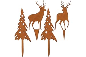 JOFONY Elch mit Tannen Rost Weihnachtsdeko 4er Set, Weihnachten Gartenstecker in Rostoptik, Hirsch Rost zum Stecken für Gartendeko Grabschmuck