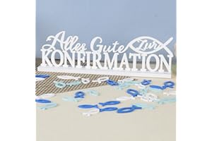 BHGT (37 Stk) Konfirmation Tischdeko Holz 1 Stk Schriftzug Alles Gute zur Konfirmation 36 Stk Streudeko Fische Holz Deko für Konfirmation Taufe Kommunion Junge Mädchen (Bunt-B)