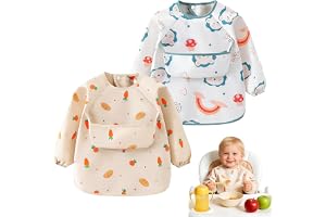 Feirdhoo Babyhaklappar med ärmar, 2 stycken haklappar för matning av småbarn med tecknade mönster, mjuk och hudvänlig, vatten
