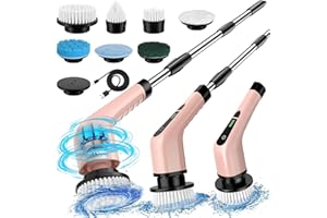 CUNSIEUN Spazzola per Pulizia Elettrica, Spazzola per Pulizia Senza Fili con Manico Lungo Regolabile a 2 Velocità con 7 Testine Sostituibili per Vasca da Bagno, Pavimento, Piastrelle, Cucina, Colore: Oro Rosa