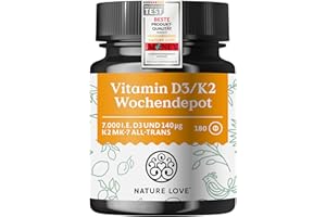 ‎NATURE LOVE Nature Love Vitamin D3 K2 Wochendepot - 180 vegane Tabletten - 7000IE D3 + 140µg K2 pro Tablette mit >99,7% all-trans - Hochdosiert & vegan - Laborgeprüft, in Deutschland produziert