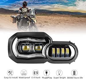 LED Scheinwerfer für Motorrad mit Angel Eyes DRL Montage, E-Mark E-Prüfzeichen, wasserdicht DC12-24 V Scheinwerfer für F650GS F800GS F700GS F800GS ADV F800R