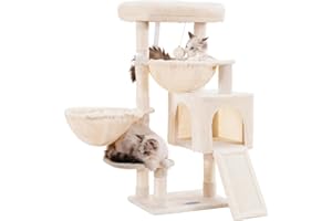 Hey-brother Cat Tree, Cat Tower for Indoor Cats, Cat Activity Centre with Padded Perch, Cozy Hammocks and Scratching Pad, Beige EMPJ006SM