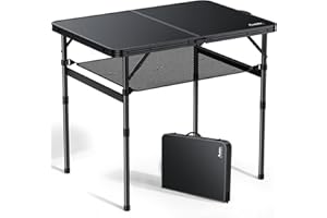 Anbte Folding Camping Table with Storage Net, 3ft Aluminum Small Folding table Adjustable Height Max 70 cm Pure Black 90cm x 60cm Outdoor Table, Lightweight, Portable Handle for Travel, Picnic