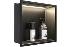 Bernkot Wall Recess Shower Stainless Steel with LED Strip Light, 30 cm x 30 cm, Waterproof, No Tiles Required, Bathroom Storage, Recess Easy to Install, Matt Black