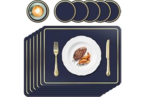 APLKER Placemats and Coasters Set of 6, PU Leather Heat Resistant Washable Non-Slip Waterproof Table Mats for Kitchen Dining Table Home Décor 16 x 12 inches (Navy Blue)