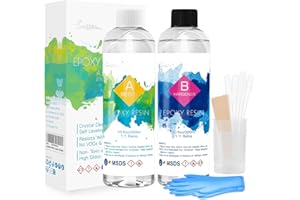 SUZZAM Epoxidharz, 600ml/21oz Glasklar Epoxidharz mit Härter 1: 1 Verhältnis mit Handschuh, Messbecher, Holzstäbchen, Pipetten, Geruchsarm Epoxidharz Gießharz für Kunstgießharz, Schmuck, Tischplatte