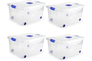 KINGNET Cajas Almacenaje Plástico con Tapa y Cierre a Presión, Cajas Oranizadoras Transparente, Perfecta para Almacenar Ropa, Juguete, Libro y Productos de hogar (Nº5-57Litros, Pack 4 unidades)